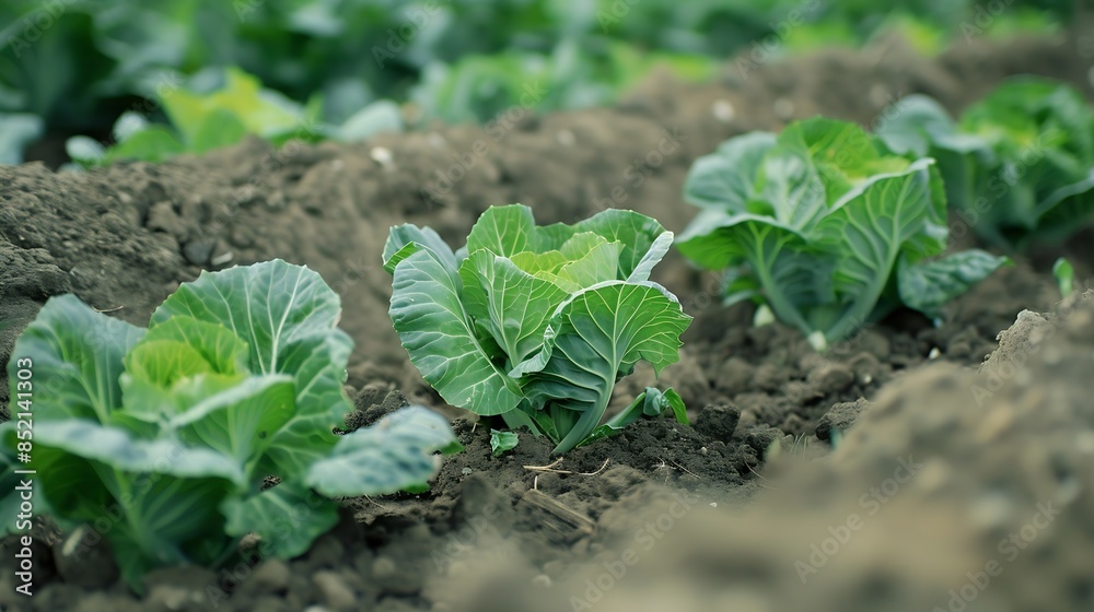 cabbage seedlings in the beds rows of green young cabbages : Generative AI