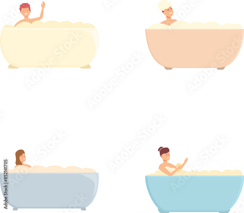 Various diverse characters happily enjoying bathtime in a modern bathroom cute illustrations of adults soaking in a bathtub with bubbles, promoting selfcare, relaxation, and wellbeing