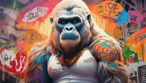 A pop art painting shows a gorilla with cartoon tattoos on its body and face, surrounded by street art tags in orange, dark green and pink. photo