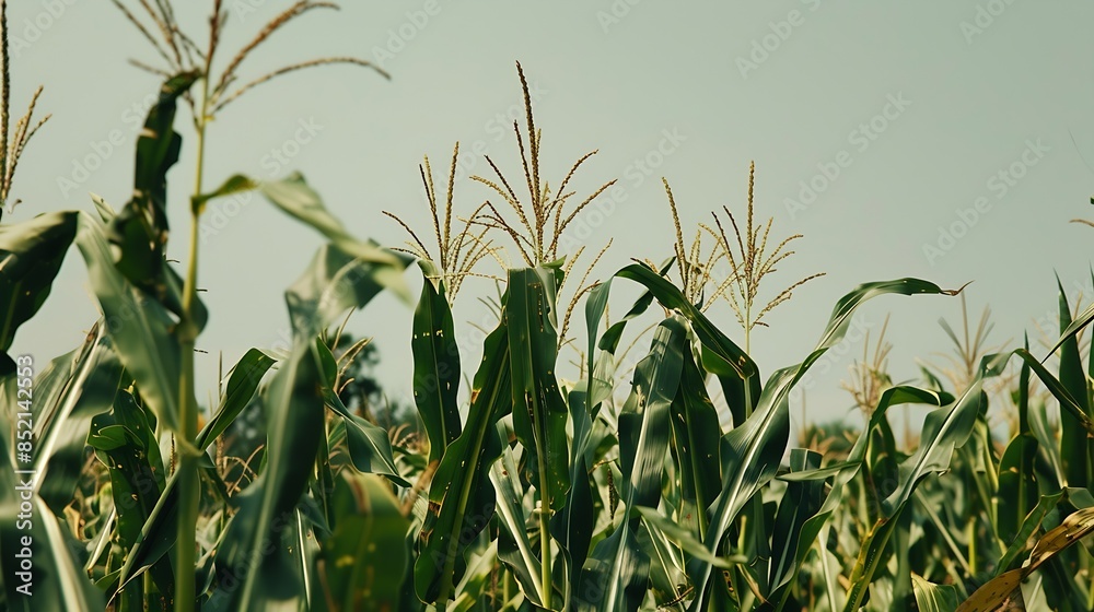 Low angle view of green corn stalks growing in an agricultural farm field with a clear sky : Generative AI