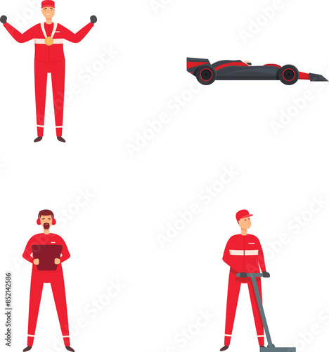 Vector illustrations of a pit crew team in uniform and a racing car isolated on white