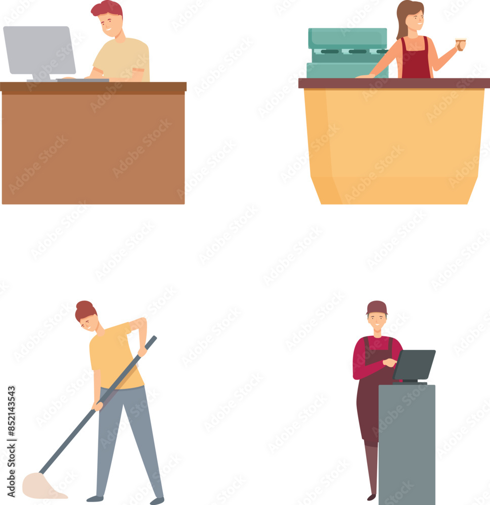 Illustrations showcasing individuals in various occupations including office work and cleaning Illustrations showcasing individuals in various occupations including office work and cleaning