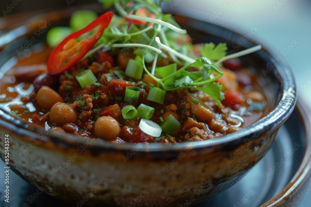 A bowl of chili with beans and herbs. Generative AI. A bowl of chili with beans and herbs. Generative AI.