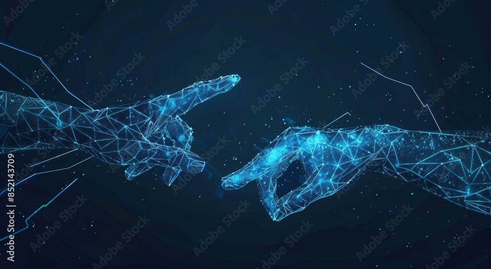 Two hands with glowing blue lines and a dark background. AI. Two hands with glowing blue lines and a dark background. AI.