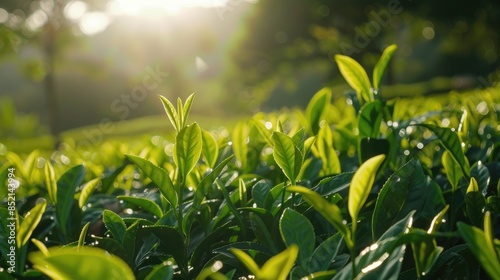 Tea leaves and a tea plantation