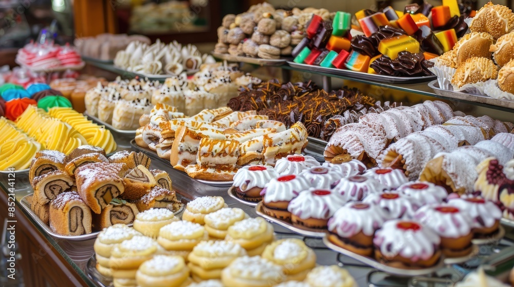 A vertical photo capturing the enticing display of traditional sweets from Cuenca Ecuador prepared for the Corpus Christi festivities A vertical photo capturing the enticing display of traditional sweets from Cuenca Ecuador prepared for the Corpus Christi festivities