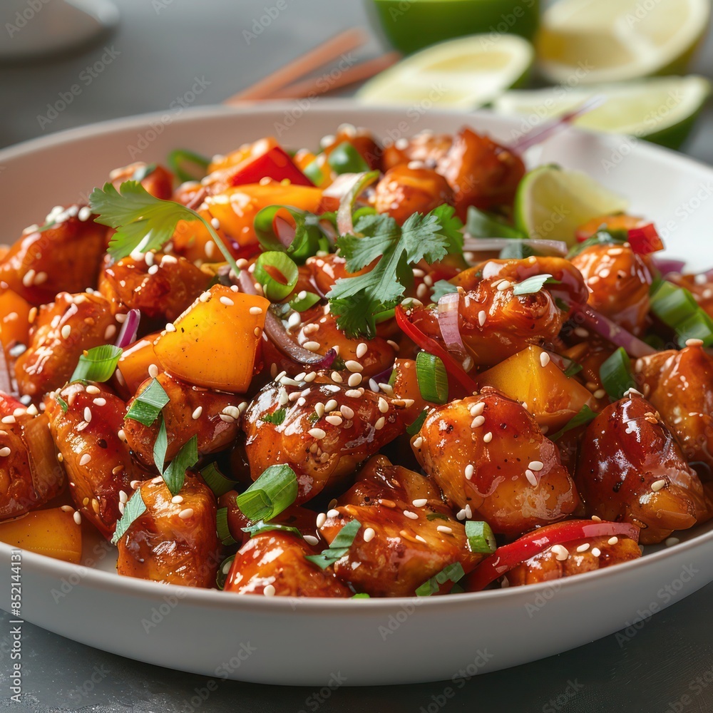a classic sweet and sour chicken loaded with delicious chicken chunks marinated in a secret sauce and garnished with sesame seeds and chopped spring onions a classic sweet and sour chicken loaded with delicious chicken chunks marinated in a secret sauce and garnished with sesame seeds and chopped spring onions