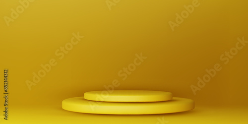 Yellow podium mockup. Studio showroom pedestal, fashion showcase mock up scene or exhibition gallery display 3d vector podiums.