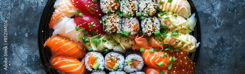 Plate of sushi and rolls, food background photo