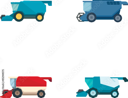Four vector icons of combine harvesters in various designs, perfect for agricultural graphics