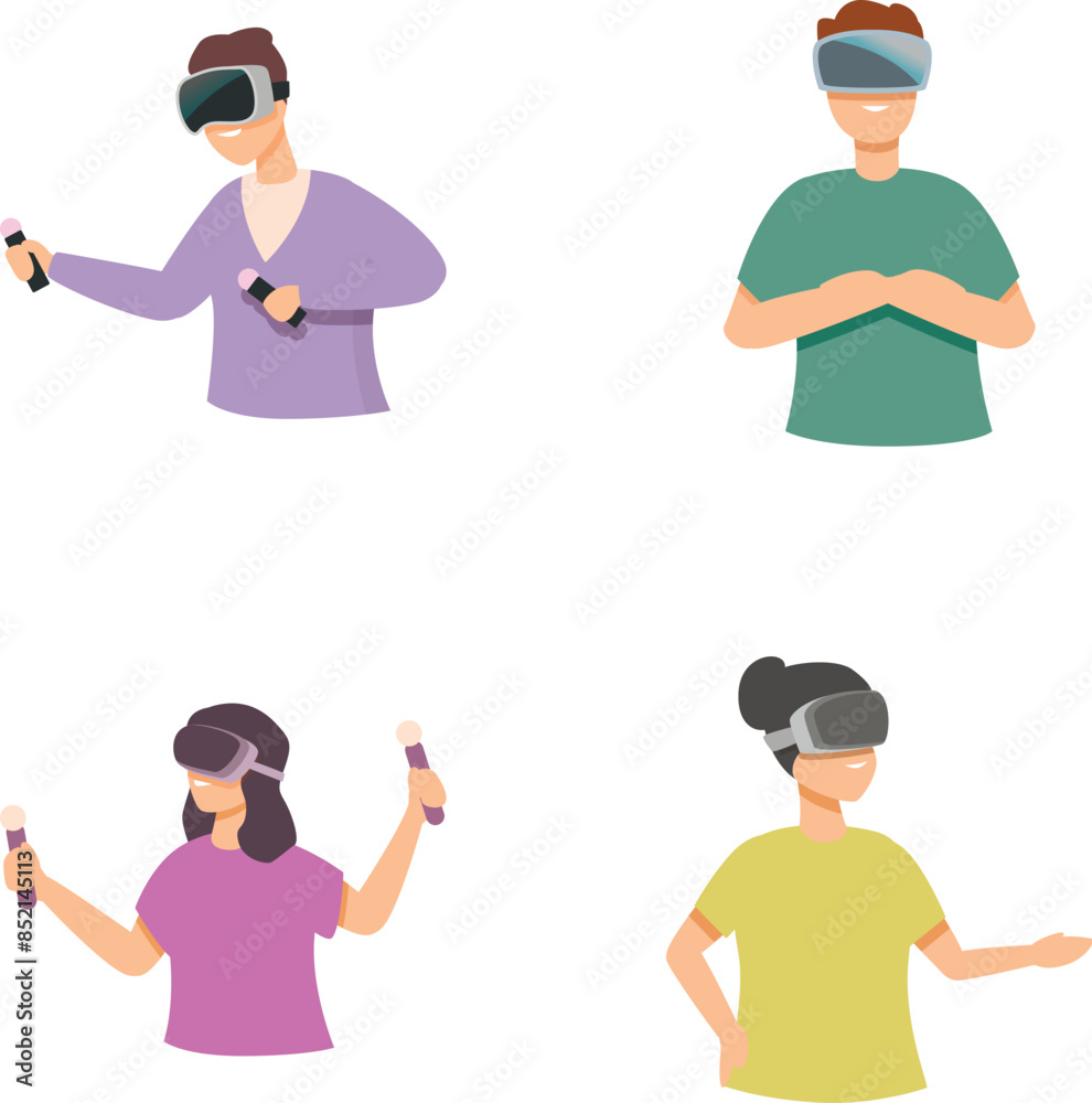 Illustration collection showing diverse individuals engaged in virtual reality experiences Illustration collection showing diverse individuals engaged in virtual reality experiences