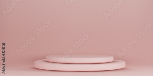 Pink podium mockup. Studio showroom pedestal, fashion showcase mock up scene or exhibition gallery display 3d vector podiums.