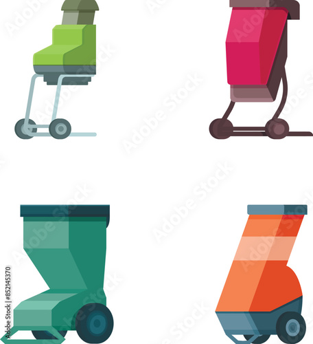 Colorful vector illustration of four different styles of cartoon waste disposal bins