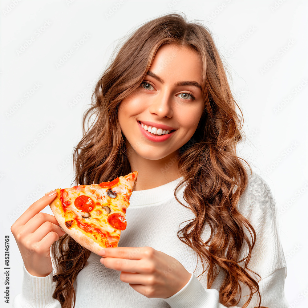 linda jovem feliz segurando uma fatia de pizza linda jovem feliz segurando uma fatia de pizza
