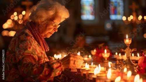 Elderly woman lighting candles in a serene church setting