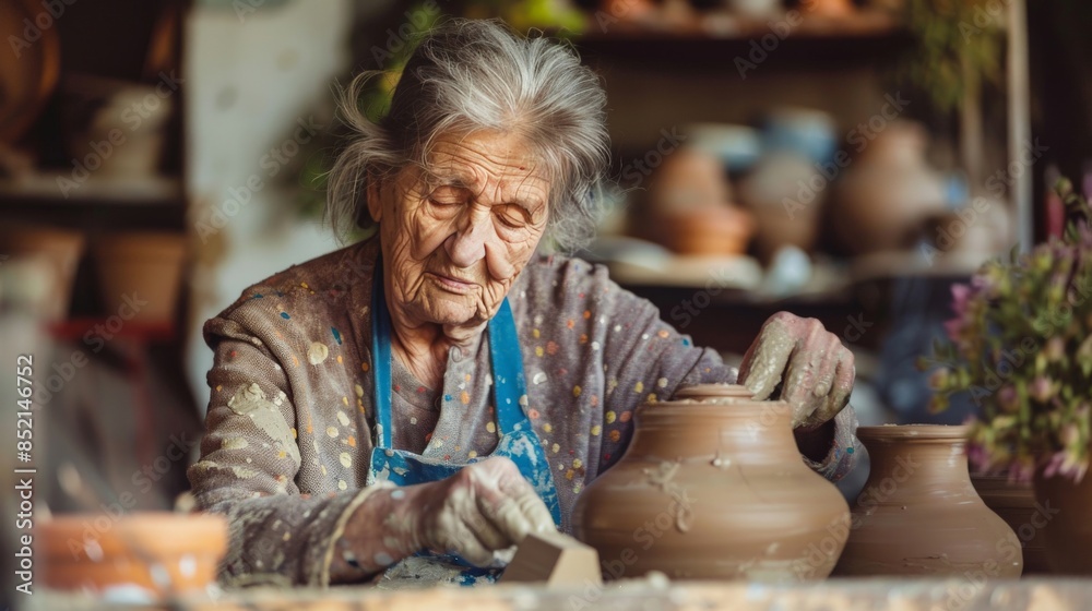 Elderly woman making pottery, focusing on shaping a delicate vase Elderly woman making pottery, focusing on shaping a delicate vase