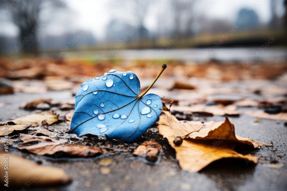 a blue leaf laying on the ground with water droplets on it a blue leaf laying on the ground with water droplets on it