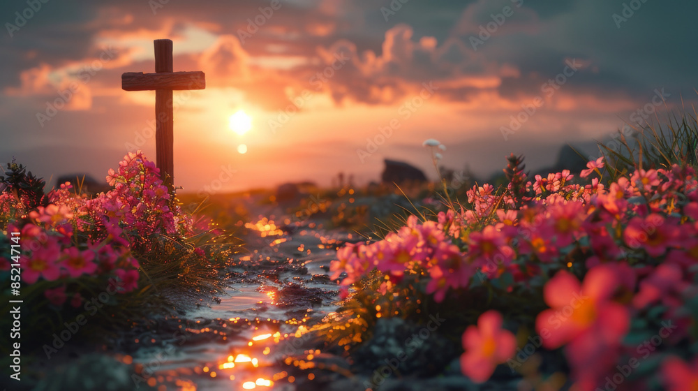 God's helping hand and cross on sunset background God's helping hand and cross on sunset background