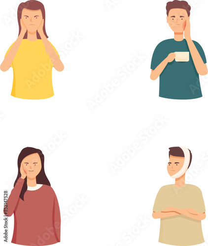 Set of four illustrated characters signaling to be quiet with finger on lips