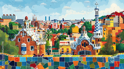 vector illustration of Park guell in Barcelona with a cityscape in the background, colorful mosaic tiles, cubism, isolated on a white background photo