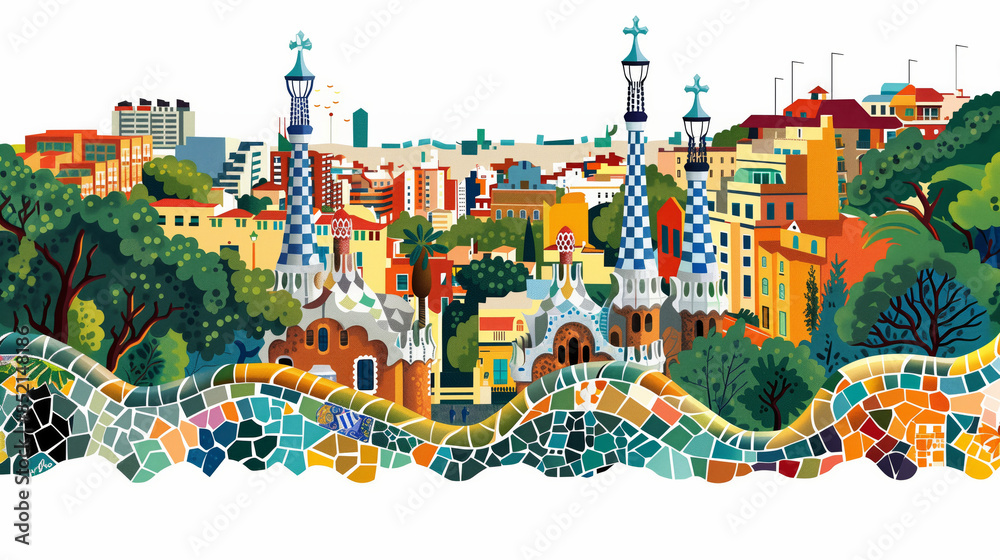 vector illustration of Park guell in Barcelona with a cityscape in the background, colorful mosaic tiles, cubism, isolated on a white background vector illustration of Park guell in Barcelona with a cityscape in the background, colorful mosaic tiles, cubism, isolated on a white background