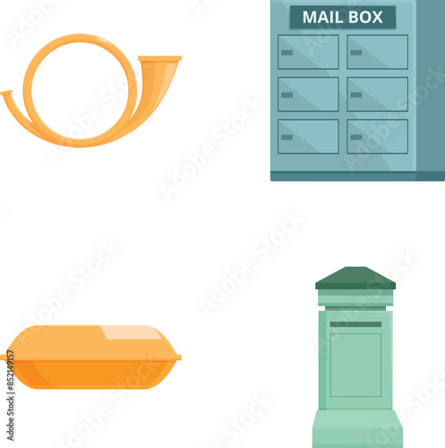 Collection of four flat design postal icons including a horn, mailbox, package, and pedestal mail box