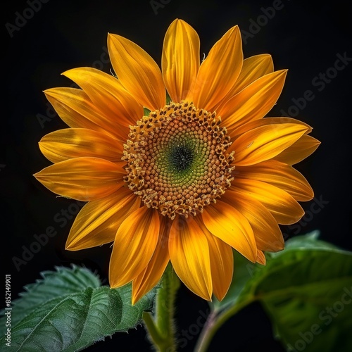 flower Photography, Helianthus annuus Giant Sungold, Close up view,Close up view, Isolated on black Background
