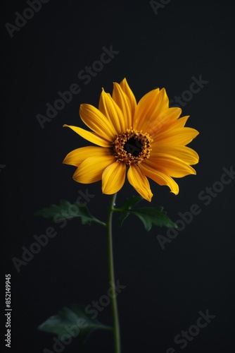 flower Photography, Helianthus annuus Giant Sungold, copy space on right, Close up view, Isolated on black Background photo