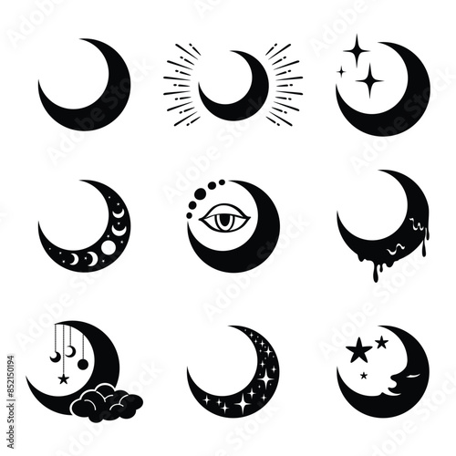 Silhouette of the crescent moon and stars in the night sky Isolated on white background. Set of simple moon line icons. Logo for dream, natural moon. photo