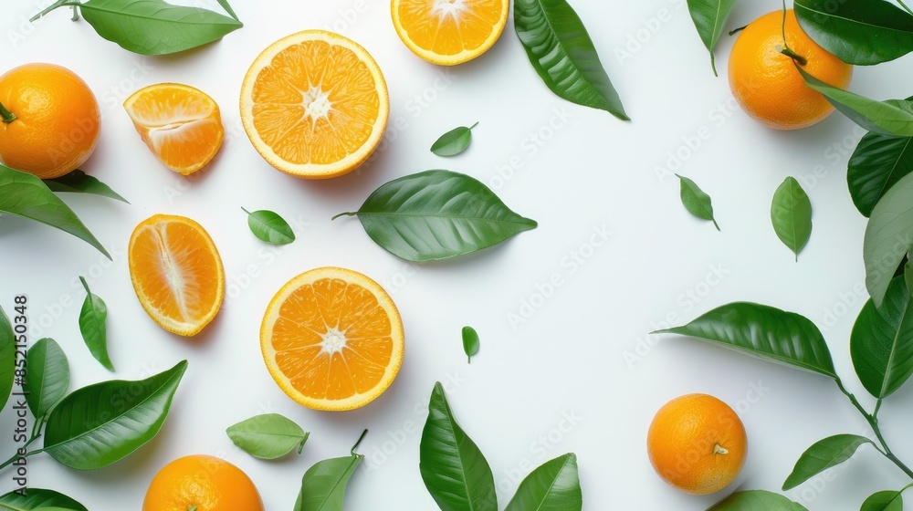 Fresh and green leaves accompany oranges on a white background Fresh and green leaves accompany oranges on a white background