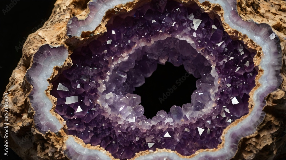 Obraz premium A geode cracked open to reveal a glowing core of amethyst crystals