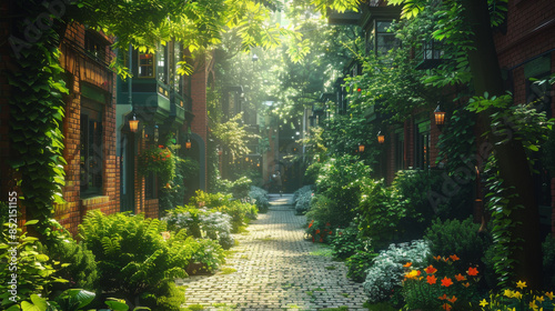 Green city of the future. City of the future. Harmony of city and nature. Sunny day in the big city. Deserted quarter, streets without people