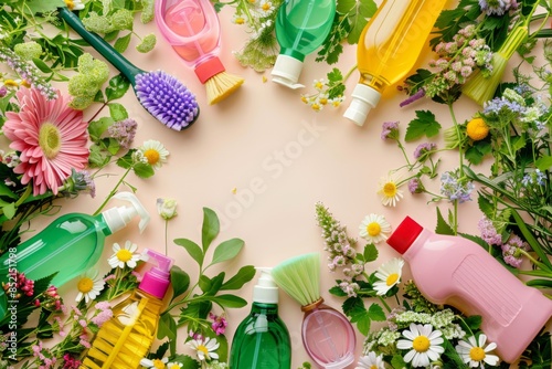 A circular arrangement of cleaning supplies and flowers displayed on a tabletop