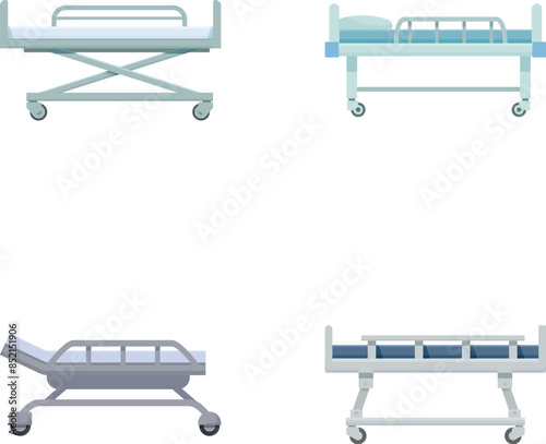 Four styles of contemporary hospital beds designed for medical environments, displayed on a clean background