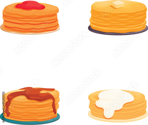 Set of four fluffy pancakes with different toppings, syrup, butter, cream, and a berry
