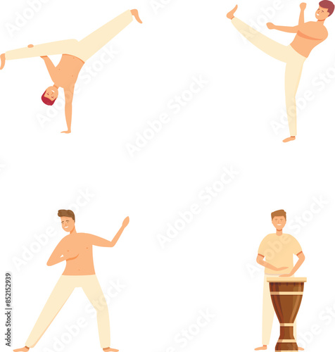 Illustration set of a male figure dancing, showing moves from contemporary to ethnic drum dancing