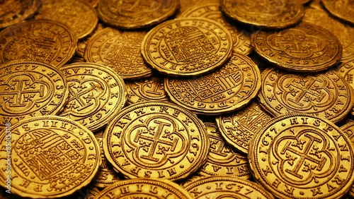 Gold Medieval Coins Pile Moving Shot
