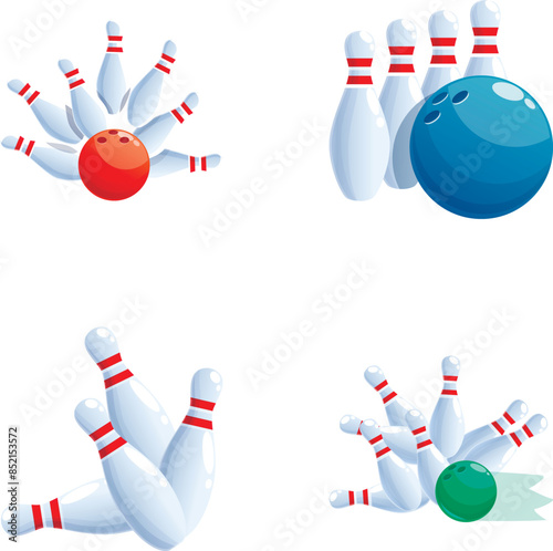 Set of colorful cartoon bowling scenes with strikes and spares isolated on white background
