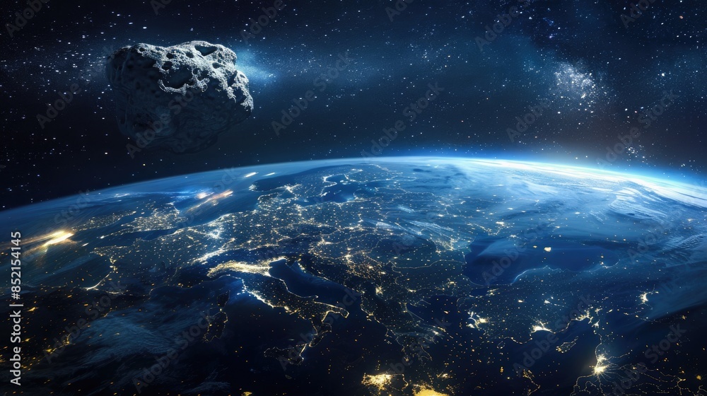 Fototapeta premium A dangerous asteroid is swiftly approaching Earth from the dark expanse of space The stunning view from space shows our planet illuminated at night with Europe Africa and Asia glowing below