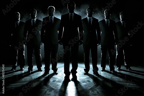 A group of men wearing dark suits stand in a dimly lit room with their shadows cast long on the ground