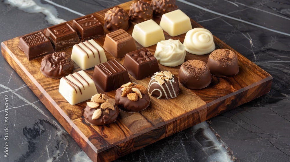 A delightful selection of exquisite chocolates in white dark and milk varieties elegantly displayed on a wooden board A delightful selection of exquisite chocolates in white dark and milk varieties elegantly displayed on a wooden board