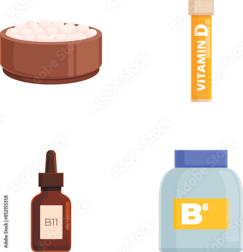 Colorful illustration showcasing a variety of vitamin supplement containers and pills