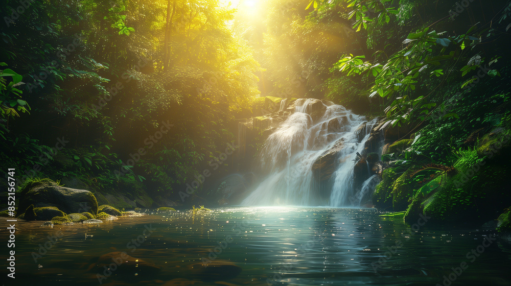 Sunlit Jungle Waterfall with Lush Greenery and Clear Pool Sunlit Jungle Waterfall with Lush Greenery and Clear Pool