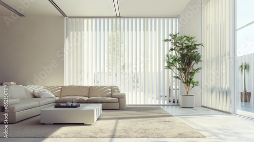 A stylish, contemporary living room with large windows covered by sleek, white vertical blinds