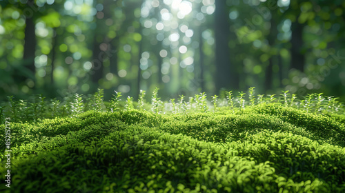 Green moss and background. Backdrop for displaying products. Dark forest background