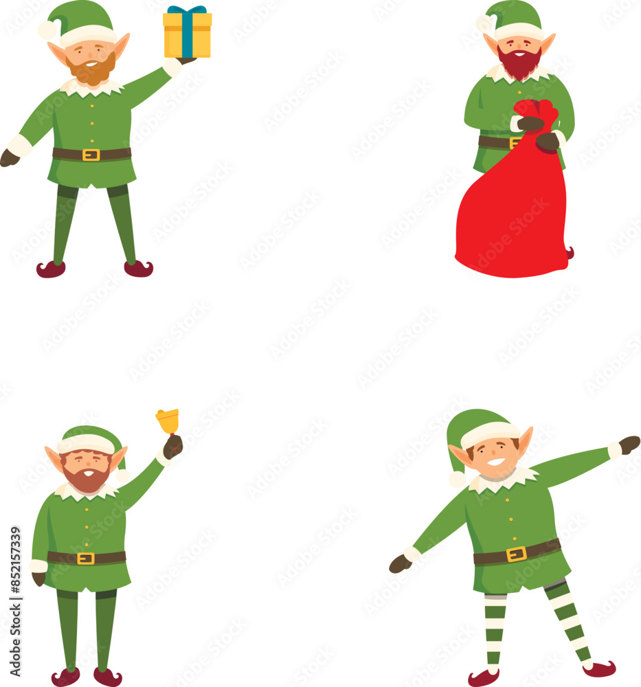 Festive christmas elf cartoon character illustration collection with santa's helper poses and seasonal holiday decoration elements Festive christmas elf cartoon character illustration collection with santa's helper poses and seasonal holiday decoration elements