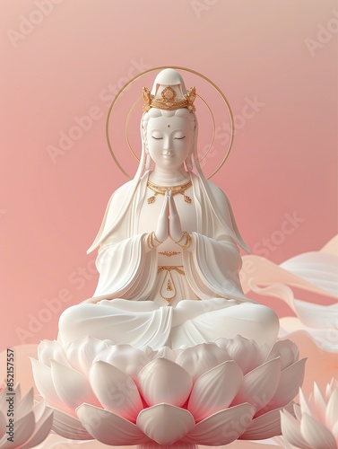 Beautiful White and Gold Guanyin Bodhisattva Sitting in Quiet Harmony