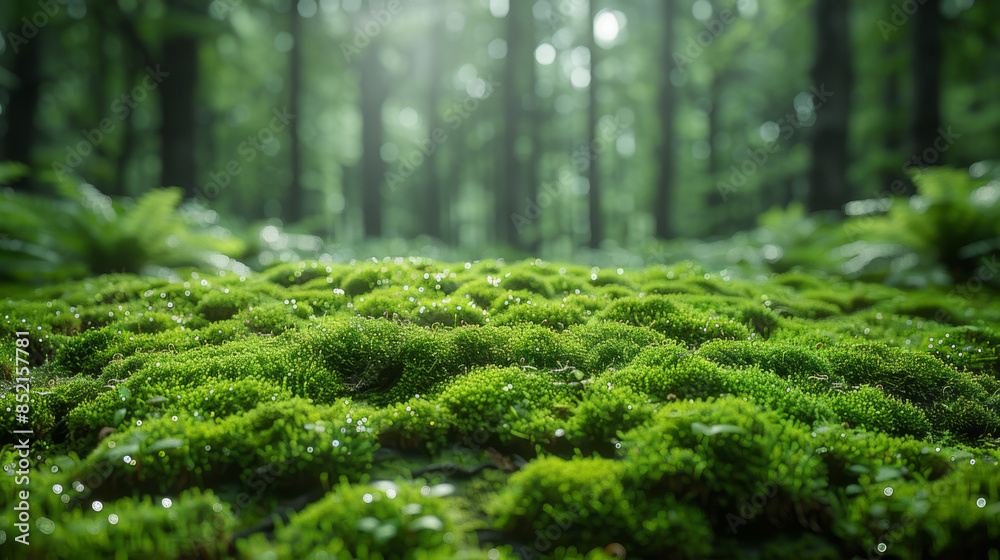 Green moss and background. Backdrop for displaying products. Dark forest background Green moss and background. Backdrop for displaying products. Dark forest background