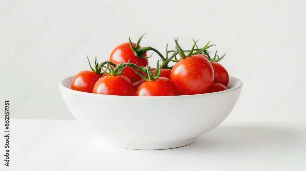 Cherry tomatoes ripe and red in a white dish against a white backdrop Cherry tomatoes ripe and red in a white dish against a white backdrop