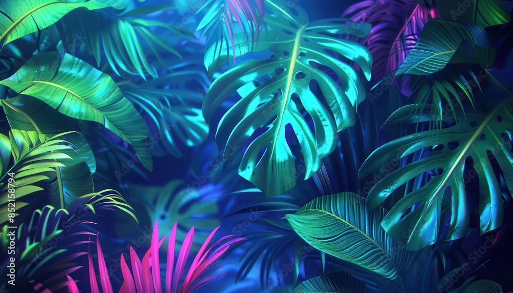 lush tropical foliage illuminated by vibrant blue and green neon lights digital illustration lush tropical foliage illuminated by vibrant blue and green neon lights digital illustration